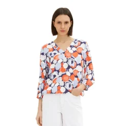 Camisas manga larga Tom tailor Blouse V-Neck, Navy Flower Design, 34